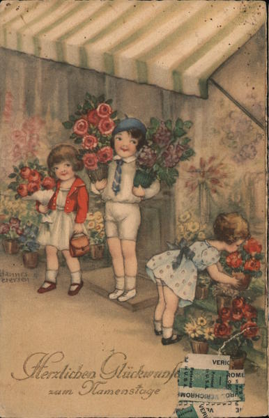 herzlichen gluckwunsch zum namenstage - Hannes Petersen - children at flower shop