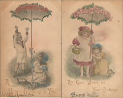 Set of 2: Children with Flowers, Parasol Postcard
