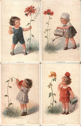 Set of 4: German Children with Flowers Postcard