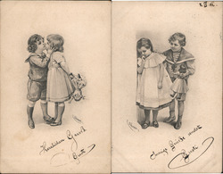 Set of 2: Children Kissing, with Doll Postcard Postcard Postcard