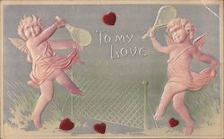 To My Love -- Two Cupids Playing Tennis Postcard Postcard Postcard