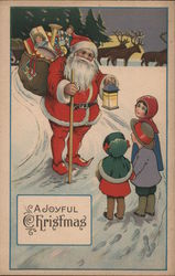 A Joyful Christmas - Children greet Santa Claus in the snow Postcard