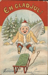 En Glad Jul! Boy and Sled at Bottom of Hill Postcard