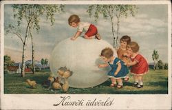 Four Young Children Playing on a Large Egg with Baby Chickens Coming Out of It Postcard