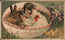 A joyful Easter - girl and 2 rabbits inside an egg and chicks on the ground Postcard