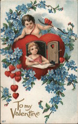 To My Valentine Heart with child writing a letter and cupid Postcard