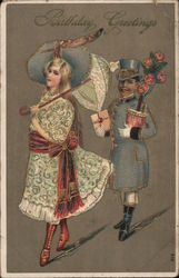 Birthday Greetings - A man and woman in fancy Victorian clothing Postcard