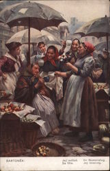 A Group of Women Drinking Coffee Outside Under Umbrellas Postcard