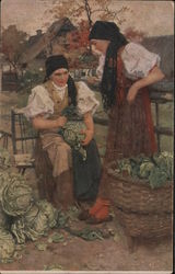 Two farm worker women cleaning cabbages Postcard