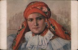 A Woman with a Head Wrap On Czech? Postcard