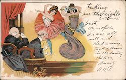 Two older gentlemen in theater box watching dancing girls - Signed Ferdi Roedel Postcard