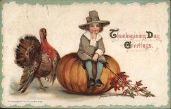 Thanksgiving Day Greetings - Boy sitting on pumpkin next to turkey Postcard