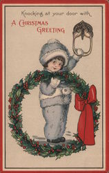 Knocking at Your Door with A Christmas Greeting -- Girl with Wreath Postcard