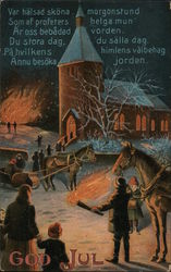 God Jul - Church, horse drawn sleds Postcard