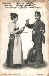 Dating Card - Woman with bottle, man with glass Postcard