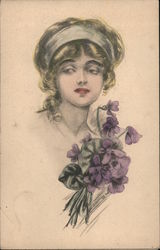 Portrait of young woman with violets - tinted Postcard