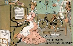 A Woman Sitting at a Piano While a Man Holds a Cup of Coffee Postcard