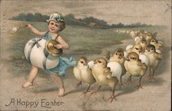 A Happy Easter - Child Leading a Parade of Chicks Postcard