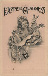 Easter Gladness - Little Girl playing Guitar surrounded by Bunnies Postcard