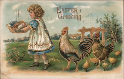 Easter Greeting - Girl carrying basket of eggs being followed by chickens With Children Postcard Postcard Postcard