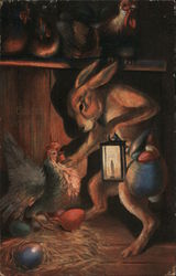 Easter Greetings - Rabbit collecting eggs form chickens Postcard
