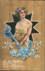 Best wishes for Easter - woman holding a blue flower anchor standing in front of a star Postcard Postcard Postcard