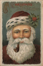 A Christmas Greeting - Santa Claus with a pipe in his mouth Postcard