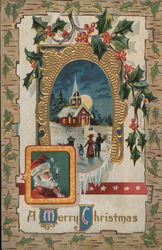 A Merry Christmas - town snow scene surrounded by ivy with Santa in lower left hand corner Postcard