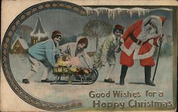 Good wishes for a Happy Christmas - Santa pulling a sled with children Postcard