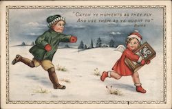 A Young Girl Carrying a Clock Being Chased Through the Snow by a Young Boy Children Postcard Postcard Postcard