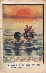 Black Kid Comic - I love the sea - Boy and girl in sea as sun sets Black Americana Postcard Postcard Postcard