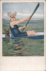 A Woman and a Dog in a Canoe Postcard