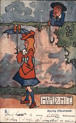 Hard Hit Woman walking with umbrella as man looks at her over a wall Postcard