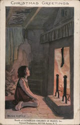 Christmas Greetings - Girl Sitting in Front of Fireplace Postcard