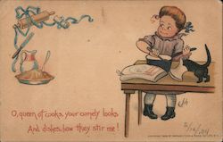 O, queen of cooks, your comely looks And dishes, how they stir me! Postcard