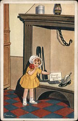 A Girl Standing Next to a Shoe Postcard
