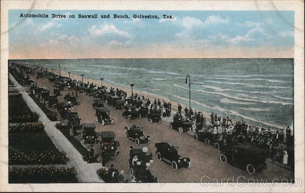 Automobile Drive on Seawall and Beach, Galveston, Tex. Texas