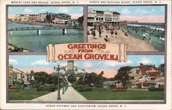 Wesley Lake and Bridge North End Bathing Scene Ocean Pathway and Auditorium Postcard