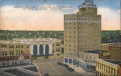 Hotel McCartney & Union Station (half in Texas and Half in Arkansas) Postcard