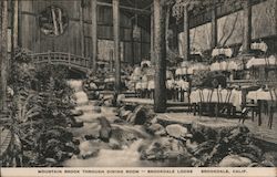 Mountain brook through dining room - Brookdale Lodge Postcard