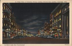 Night view of Columbus Avenue looking towards boat landing - In Ohio's Lake Erie Vacationland Sandusky, OH Postcard Postcard Postcard