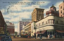 San Antonio St. and Mesa Ave., Hotel Paso Del Norte on Left and Hotel Hilton in Skyline on Right Texas Postcard Postcard Postcard