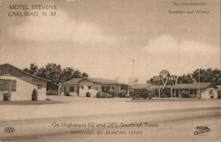 Motel Stevens - Air conditioned - Summer and winter - On Highways 62 and 285, south of town - Approved by Duncan Hines Carlsbad, Postcard