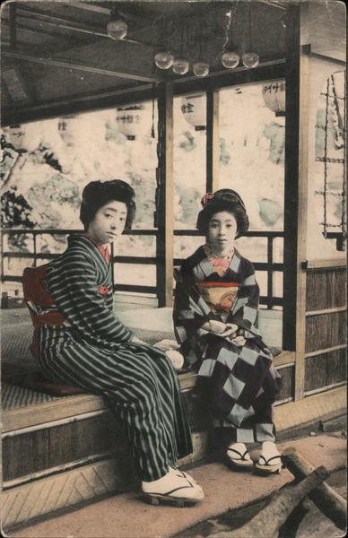 Women in kimono, drinking tea Japan