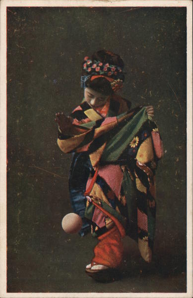 Woman playing ball in Kimono Japan
