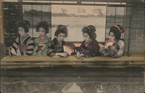 Five Women in Traditional Japanese Attire holding Fans, colorized