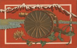 Japanese cannon in front of stylized mountains and river Postcard