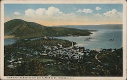 View Looking East of City and Harbor of St. Thomas Virgin Islands Postcard Postcard Postcard