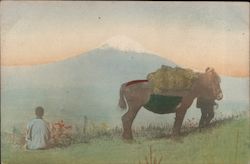 Two Men With Pack Horse, With Mt. Fuji In Background Postcard
