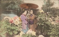 Two women wearing kimono in the garden, under an umbrella Postcard